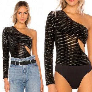 H:ours Womens Karly Velvet One Sleeve Bodysuit in Black and Gold Size Small